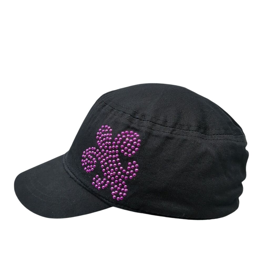 Bongo Cadet Army Cap Black One Size Stretch Embellished Rhinestone Cotton